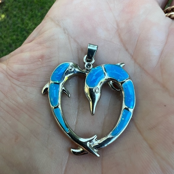 Faux Blue Opal Double Dolphin Heart Pendant 👠 - Picture 6 of 17